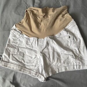 Indigo Blue White Denim Maternity Shorts with Beige Support Panel